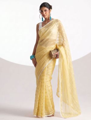 Butter Yellow Chiffon Ready To Wear Saree With Unstitched Blouse FABSA23124