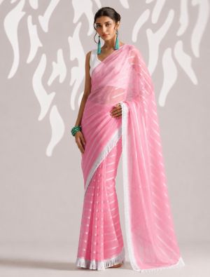 Candy Pink Chiffon Ready To Wear Saree With Unstitched Blouse FABSA23133