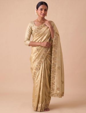 Champagne Gold Banarasi Silk Embroidered Saree FABSA23064
