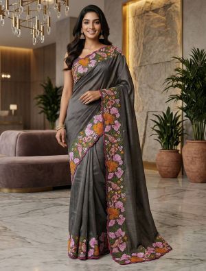 Charcoal Grey Manipuri Silk Embroidered Saree FABSA23105