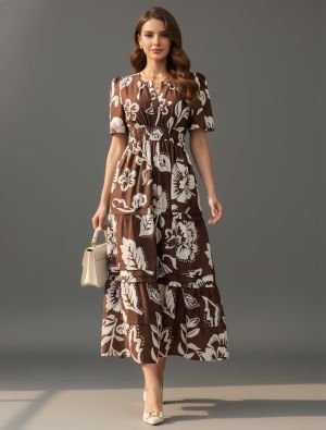 chocolate brown muslin printed maxi dress fabku21267