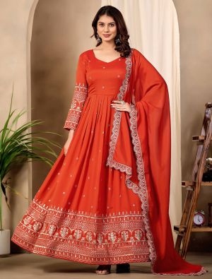 coral red art silk embroidered anarkali gown with dupatta fabgo20460