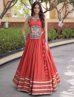Coral Red Rayon Ready To Wear Lehenga Choli Set FABLE20621