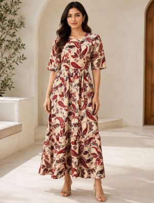 cream and maroon rayon fit and flare tiered midi dress fabku21290
