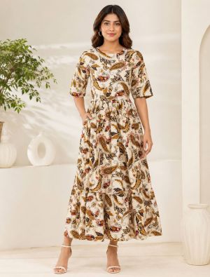 cream and mustard rayon fit and flare tiered midi dress fabku21291