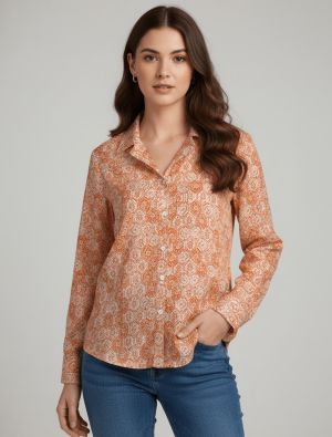 cream and orange crepe cutaway collar shirt fabku21280