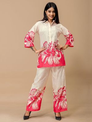 cream and pink soft cotton printed co ord set fabku21321