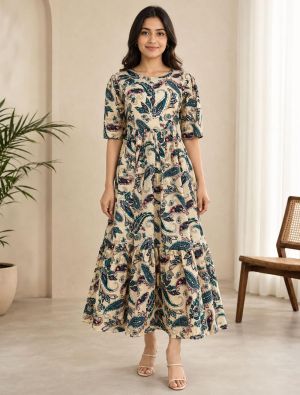 cream and teal rayon fit and flare tiered midi dress fabku21289