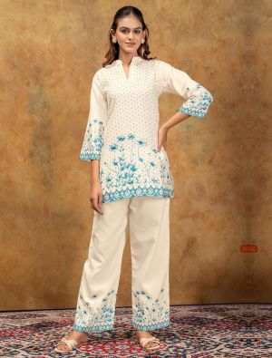 cream soft cotton printed co ord set fabku21319