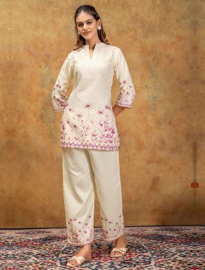 creamy white soft cotton printed co ord set fabku21320