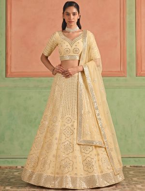 Creamy Yellow Organza Embroidered Lehenga Choli With Foil Mirror Work FABLE20636