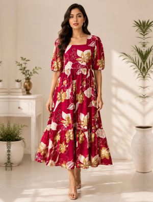 crimson red cotton blend fit and flare tiered midi dress fabku21287