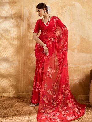 Crimson Red Floral Print Georgette Saree FABSA22985