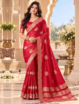 Crimson Red Satin Saree With Floral Motifs and Ornate Border FABSA23144