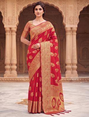 Crimson Red Viscose Silk Saree With Woven Zari Work FABSA23047