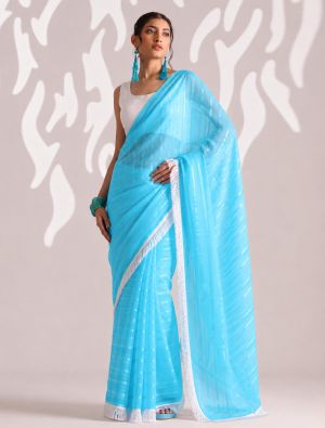 Cyan Blue Chiffon Ready To Wear Saree With Unstitched Blouse FABSA23129
