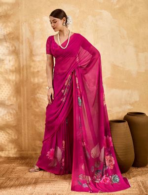 Dark Fuchsia Floral Print Georgette Saree FABSA22988