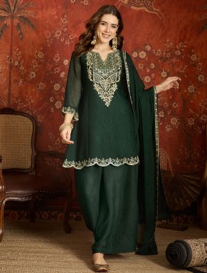 Dark Green Embroidered Silk Blend Ready To Wear Salwar Kameez FABSL22587