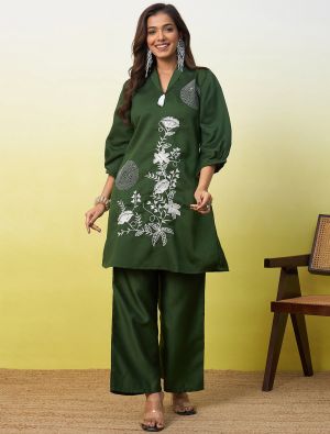 dark green viscose rayon embroidered co ord set fabku21308