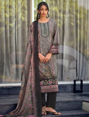 Dark Grey Lawn Cotton Pakistani Salwar Kameez With Thread Work FABSL22564