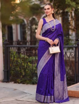Dark Violet Cotton Blend Saree With Woven Zari Work FABSA23038