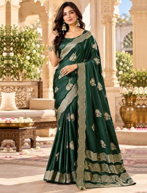 Deep Bottle Green Satin Saree With Floral Motifs and Ornate Border FABSA23143