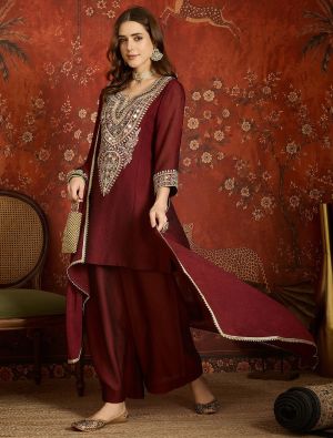 Deep Burgundy Embroidered Silk Blend Ready To Wear Salwar Kameez FABSL22595
