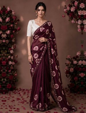 Deep Burgundy Floral Print Chiffon Saree With Embroidery FABSA23074