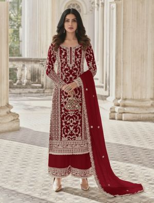 Deep Crimson Butterfly Net Semi Stitched Salwar Kameez FABSL22518