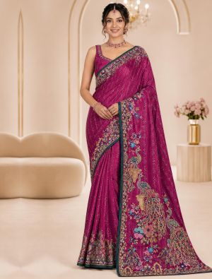 Deep Magenta Satin Saree With Multicolour Motifs and Swarovski Work FABSA23148