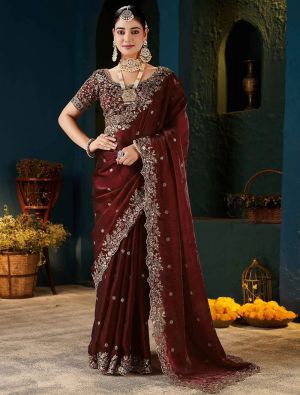 Deep Maroon Fendy Satin Embroidered Saree With Stitched Blouse FABSA23013