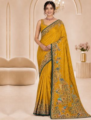 Deep Mustard Satin Saree With Multicolour Motifs and Swarovski Work FABSA23150