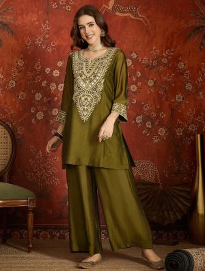 Deep Olive Embroidered Silk Blend Ready To Wear Salwar Kameez FABSL22594