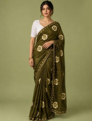 Deep Olive Green Floral Print Chiffon Saree With Embroidery FABSA23078