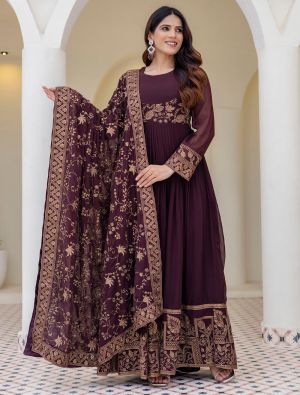 deep plum georgette embroidered anarkali gown with dupatta fabgo20450