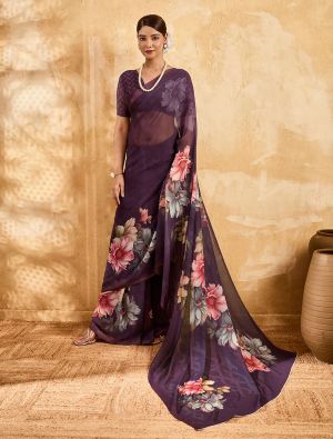 Deep Plum Purple Floral Print Georgette Saree FABSA22983