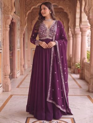 deep plum purple georgette pleated flared gown with dupatta fabgo20456