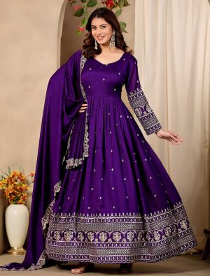 deep purple art silk embroidered anarkali gown with dupatta fabgo20461