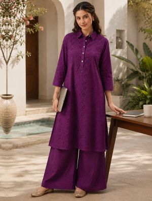 deep purple cotton straight-cut kurta set with schiffli embroidery swatch fabku21333
