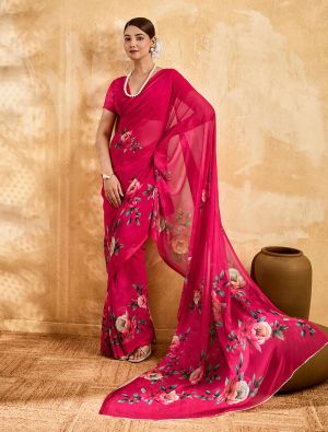 Deep Rani Pink Floral Print Georgette Saree FABSA22982