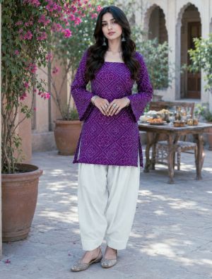 deep royal purple cotton printed top with off white bottoms fabku21263