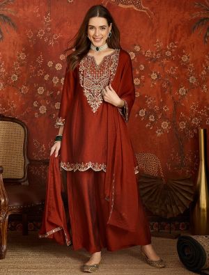 Deep Rust Embroidered Silk Blend Ready To Wear Salwar Kameez FABSL22586