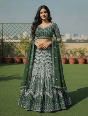 Deep Sage Green Georgette Embroidered Lehenga Choli FABLE20599