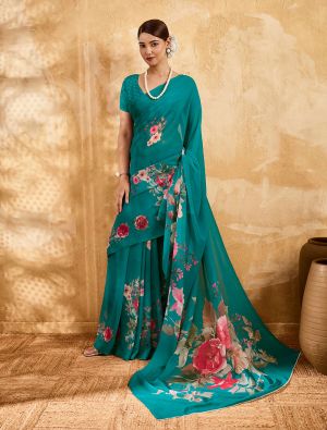 Deep Sea Green Floral Print Georgette Saree FABSA22984