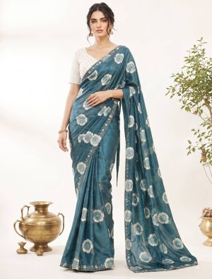 Deep Teal Blue Floral Print Chiffon Saree With Embroidery FABSA23076