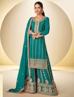 Deep Teal Chinon Free Size Ready To Wear Palazzo Suit FABSL22551