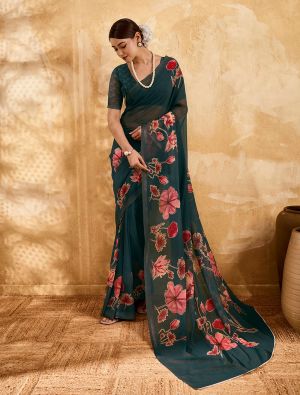 Deep Teal Green Floral Print Georgette Saree FABSA22980