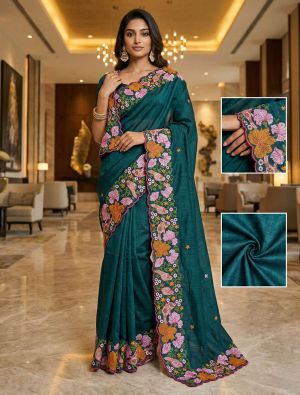Deep Teal Manipuri Silk Embroidered Saree FABSA23104