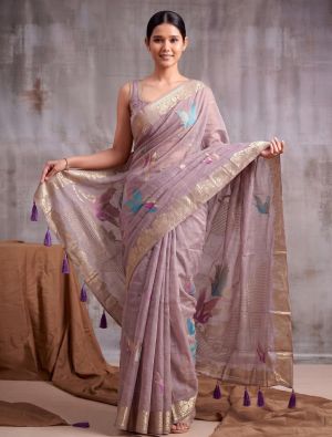 Dusty Mauve Linen Cotton Saree With Antique Zari Work FABSA23097