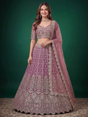 Dusty Mauve Net Zari Embroidered Wedding Lehenga FABLE20605